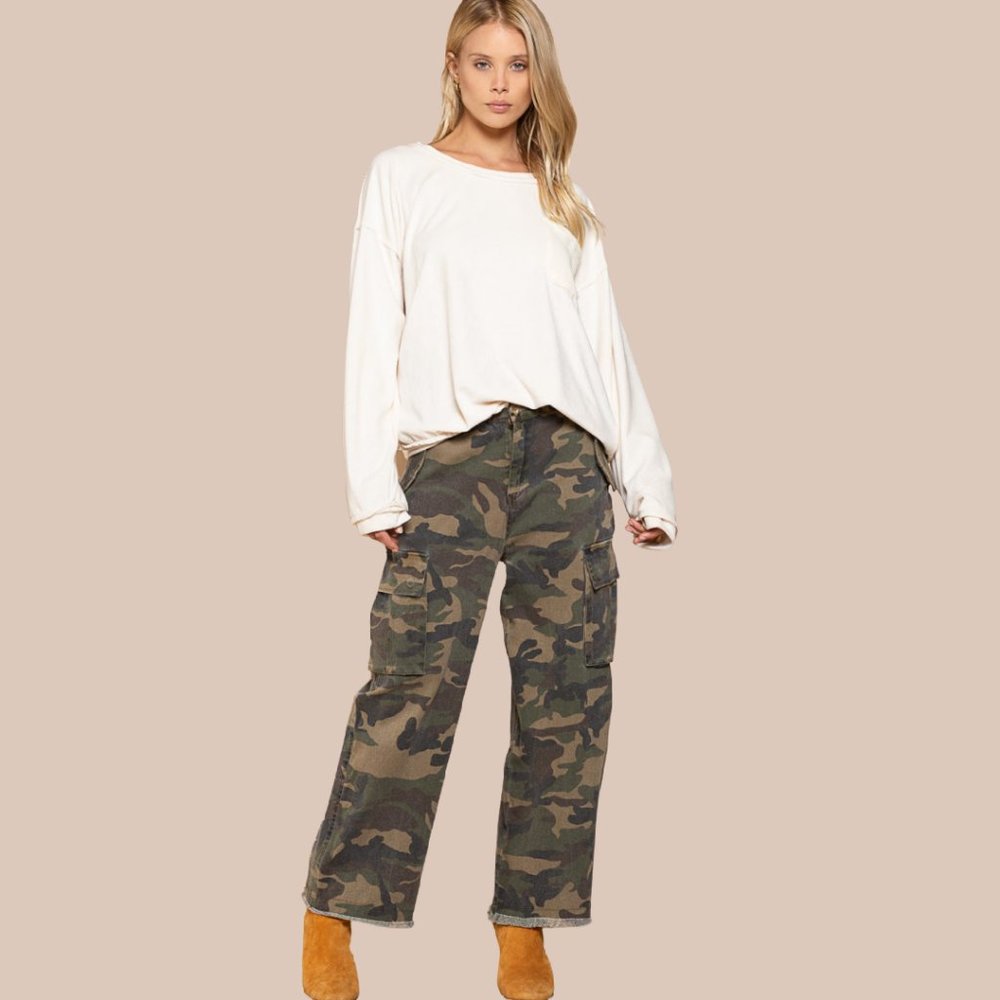 POL Soft Stretchy Velour Cream Beige Jogger Top
